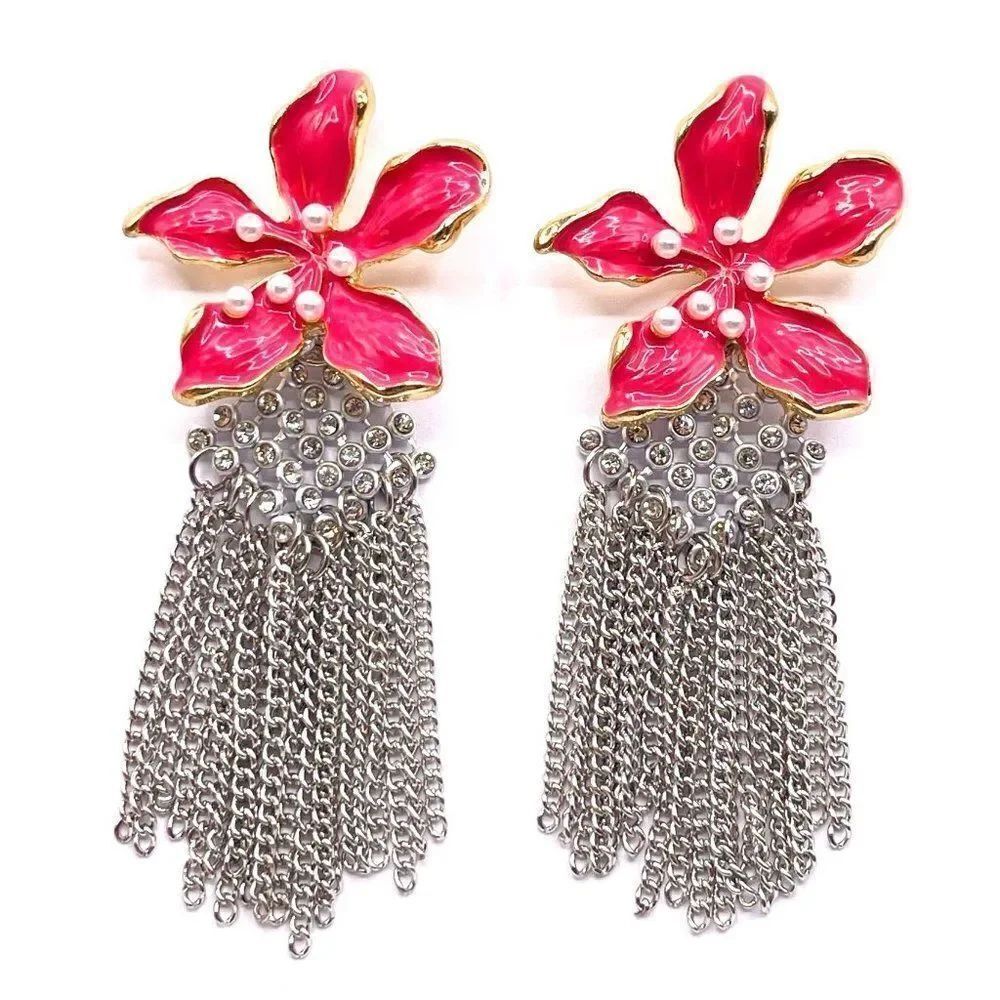 Silver with Pink Enamel Flower and Pearl Dangling Chain Post Back Earrings